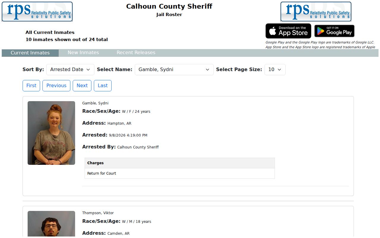 Calhoun County outstanding warrant research using roster tabs