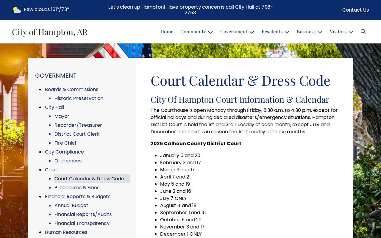 Hampton court schedule for Calhoun County traffic warrant cases