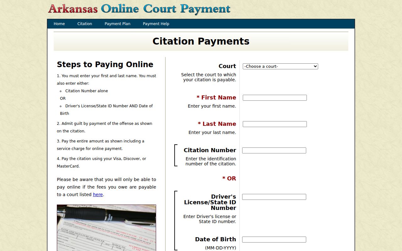 Blank Arkansas form for Calhoun County traffic warrant search