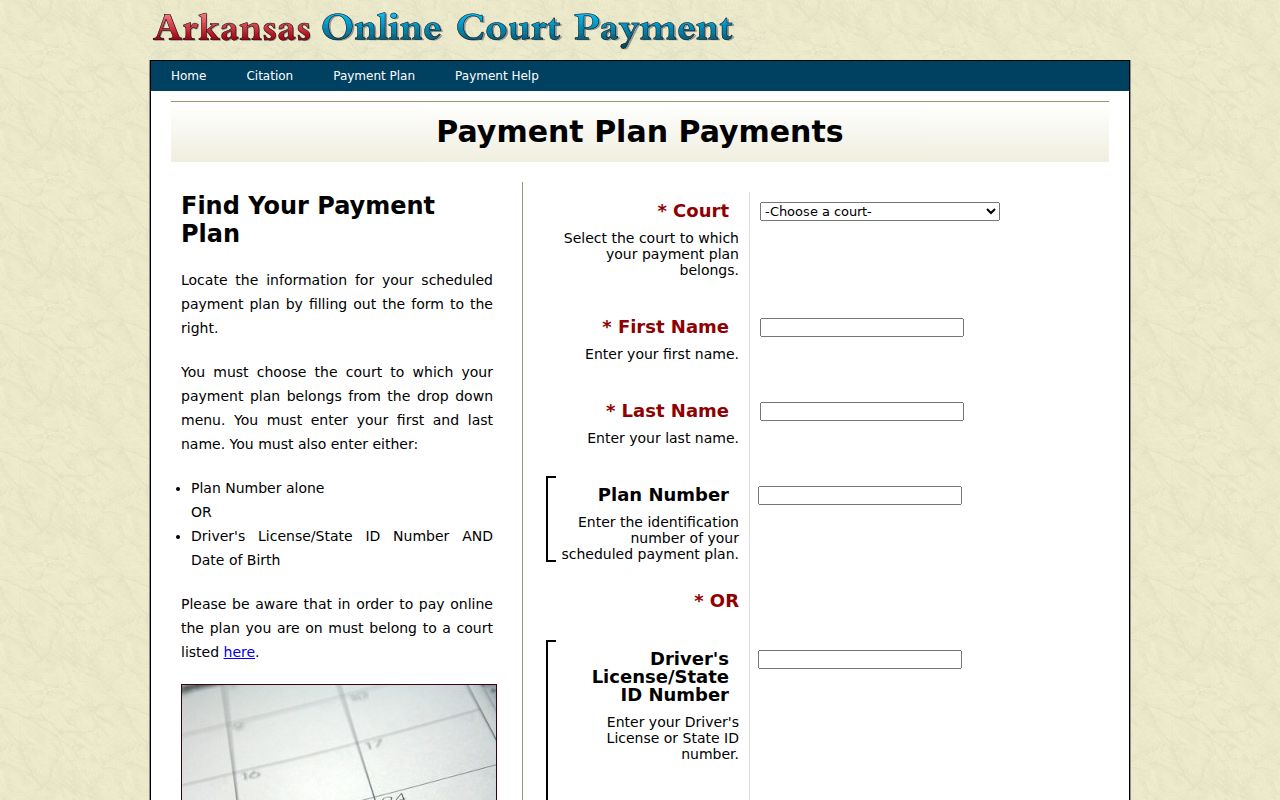 Blank Arkansas payment plan form for Calhoun County traffic warrant records